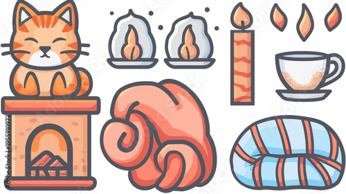 Cozy cartoon illustration cat on fireplace, candles, coffee cup, and cushioned bed