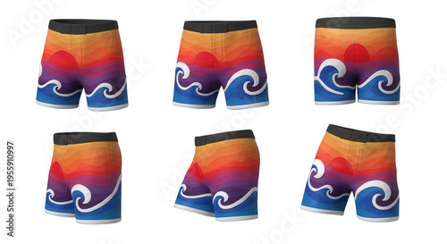 Free Download six colorful swim shorts displayed on a white background beachwear product showcasing - GFXLoad