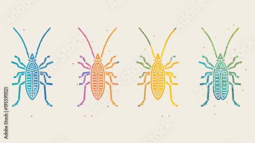 Four colorful illustrated bugs in a row, each with unique palettes and textured lines