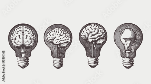 Four grayscale lightbulbs, each containing different stages of a human brain inside