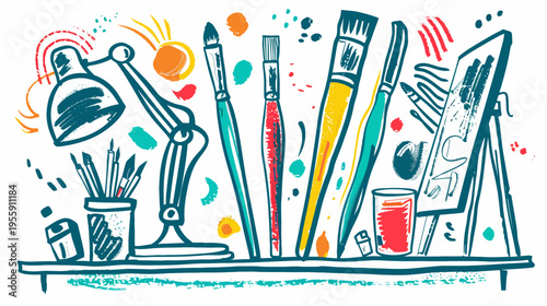 Colorful sketch of a desk with lamp, brushes, palette, jar of tools, and an easel