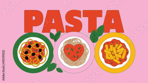 Three colorful pasta dishes with different noodles and sauces in a cheerful illustration