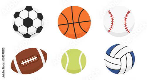 Sports balls vector illustration, flat design, for games and activities.