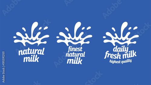 White milk splashes with labels promoting natural and fresh dairy products
