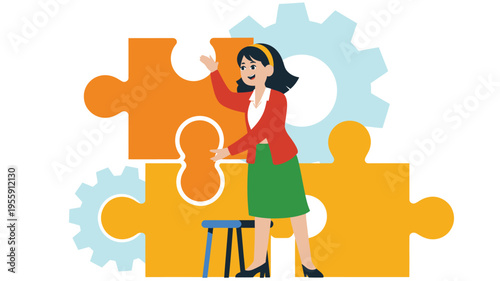 Woman assembling large puzzle pieces with gears for problem solving