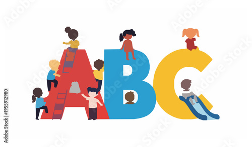 Children Playing ABC Letters Cartoon Kids Alphabet Education Vector