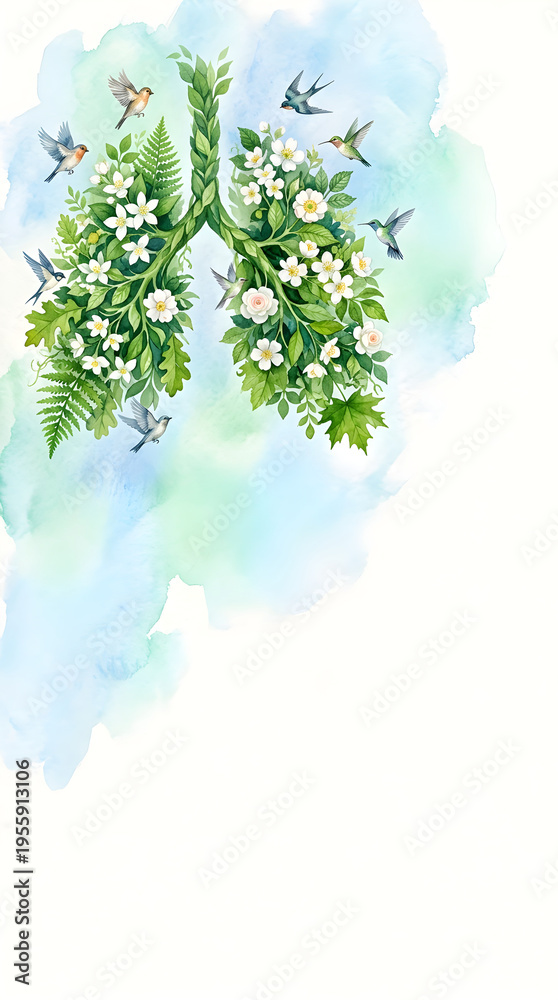 Naklejka premium Human lungs shaped by lush green foliage, white flowers, and flying birds, representing World Asthma Day, clean air and respiratory health awareness concept