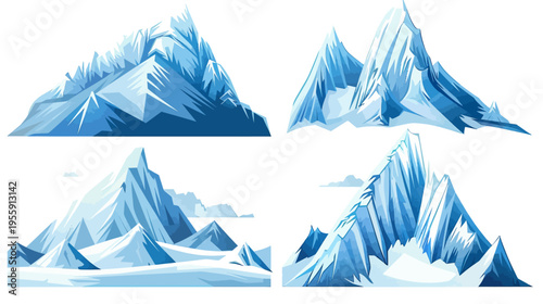 Four stylized snowy mountain range illustrations on a transparent background