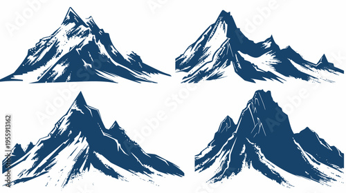 A set of four monochrome, stylized mountain range illustrations in a dark blue