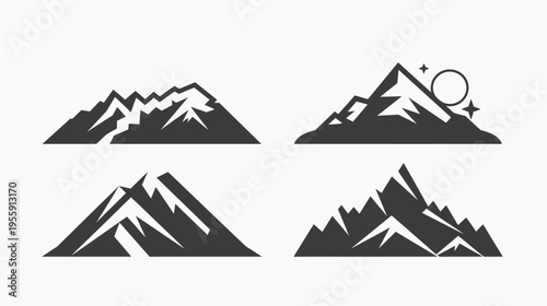 Four simple mountain icons in dark gray, isolated on white backdrop. Vector image