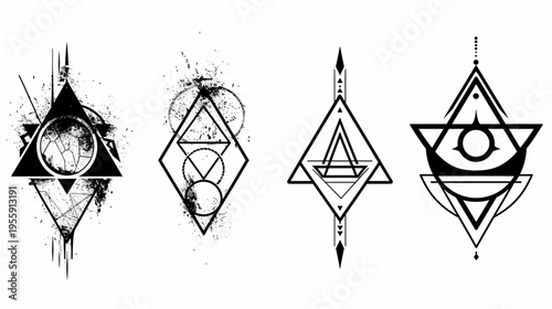Four geometric tattoo designs, each with triangle and circle elements, black & white