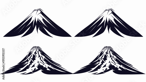 Four silhouette renderings of a mountain, two smooth, two more jagged, indigo/white
