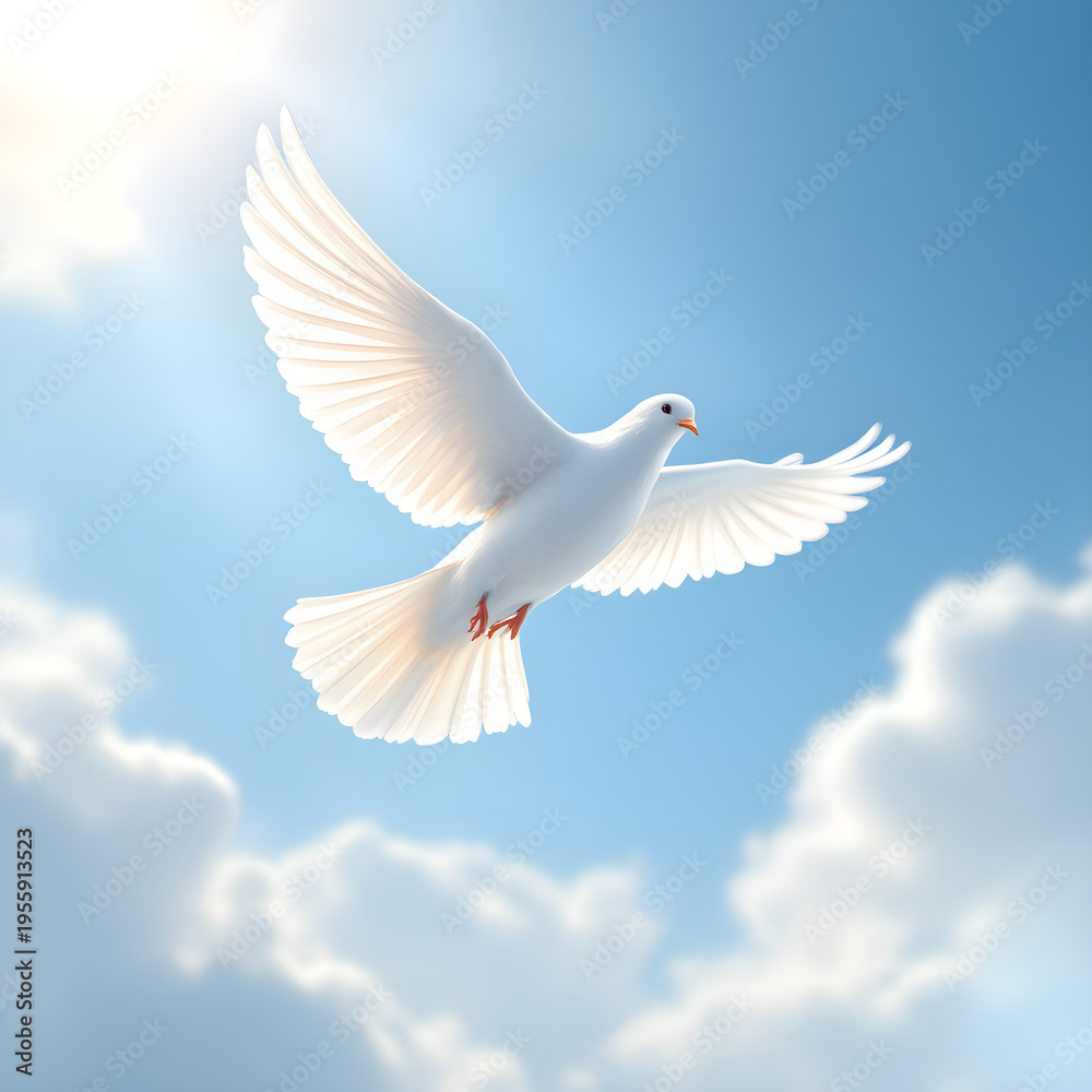 Fototapeta premium White dove flying in blue sky with clouds