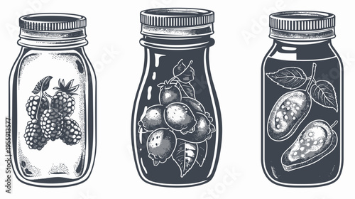 Three jars of fruits, with blackberries, blueberries and plums in a vintage, engraved style