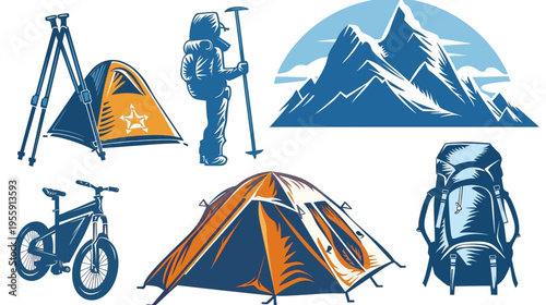 Outdoor adventure icons showcasing hiking, camping, and biking with mountain backdrop