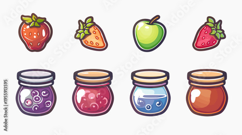 Cartoon-style illustration of fruit and jam, arranged in rows on a white background