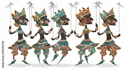 Five stylized, ornamented puppets with bird-like faces are presented in a row