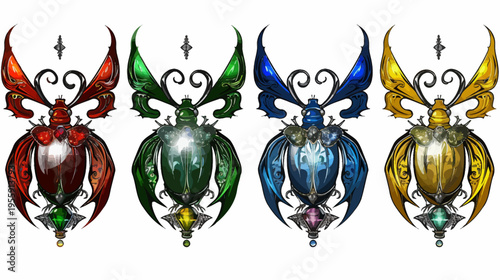 Four jewel-toned insectoids with fairy-like wings and ornate diamond drops, presented on white