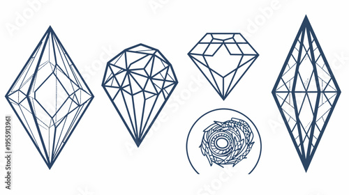 Four geometric figures diamonds, multifaceted shapes, & circle with internal design
