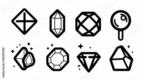 Black outline icons depict various gemstones and a magnifying glass on a white background