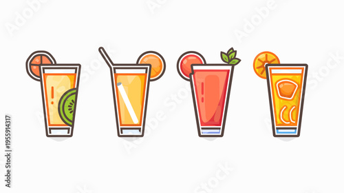 Cartoon drawing of four stylized glasses of fruit juice and garnishes on a white background