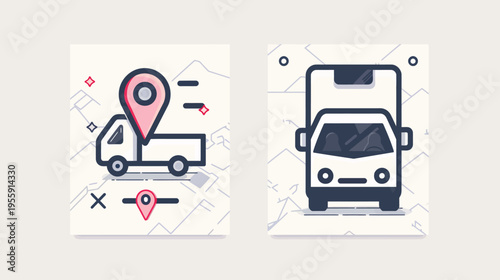 Two digital illustrations of delivery trucks with GPS pins on a map background