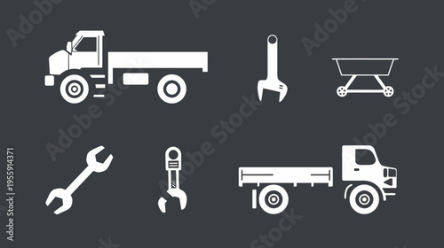 White graphic icons of trucks, a cart, and wrenches on a solid dark-grey background