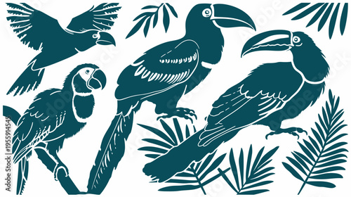 Teal outlines birds and leaves on a white background parrot, toucans, palm fronds