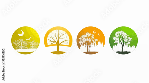 Four trees in circular landscapes, each representing a different time of year