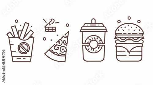 Linear illustration of a set of junk food with a burger, fries, pizza, and a drink