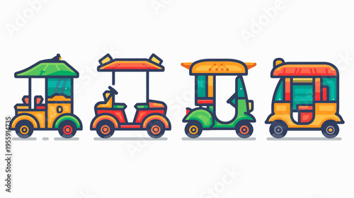 Four stylized tuk-tuks, each with a unique color scheme and simple, cartoonish design