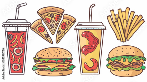 Colorful illustration of fast food items burgers, fries, pizza, and sugary drinks