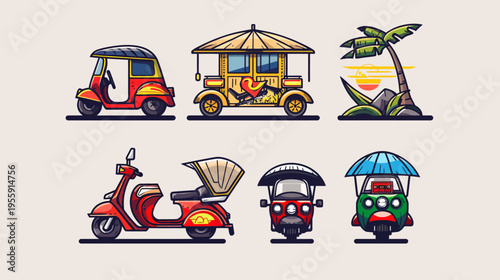 Six vehicle and tropical scene illustrations in a cartoon style on a cream background