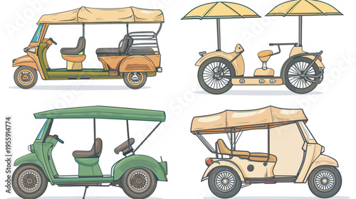 Four illustrated, vintage style auto rickshaws in yellow, green, and beige on white