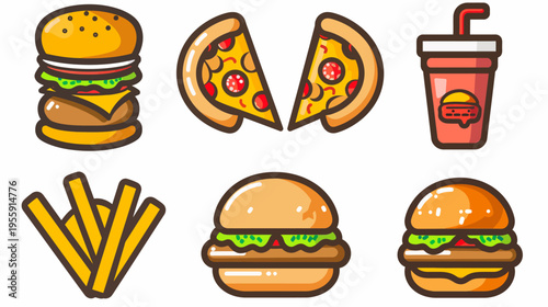Six cartoon-style images of fast food items on a white background, evenly spaced out