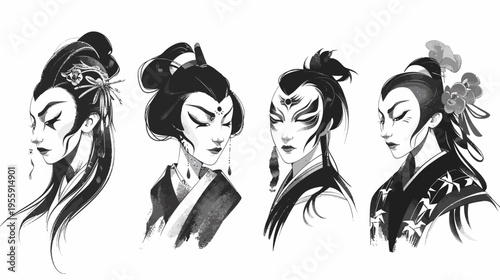 Monochrome artwork showcasing four Asian women with unique makeup & hairstyles