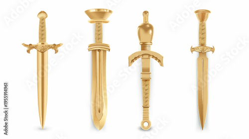 Four golden, antique, sword-like weapons lined up against a white background