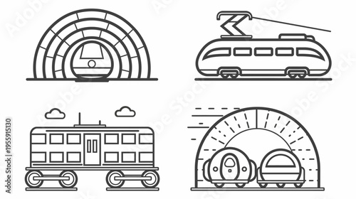Illustration of various trams and cars in tunnels with thick line weights