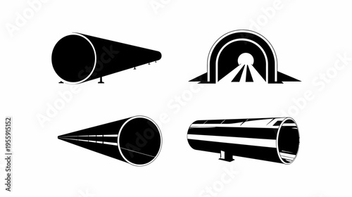 Four monochrome illustrations of tunnels and pipes