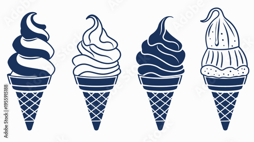 Four stylized ice cream cones, blue and white, with different shapes and textures