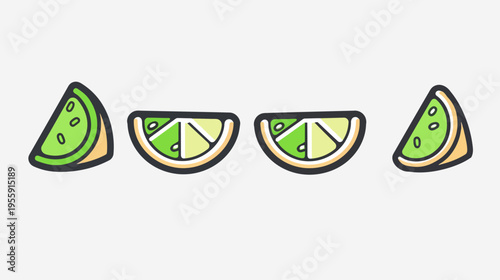 Four stylized slices of lime fruit, cartoon vector image isolated on white background