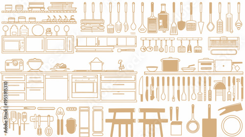 Detailed linear drawing of a kitchen with utensils and furniture in light brown outlines