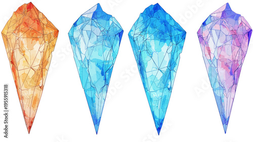 Four colorful, gem-like crystalline shapes with pointed tips, set against a white background