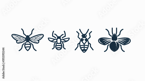 Four dark blue insect icons line up against a white background