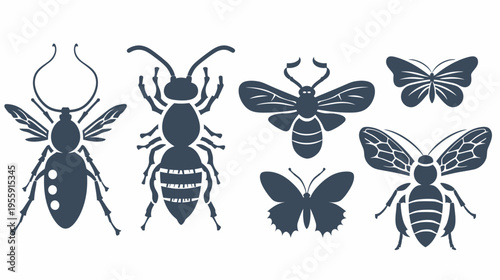 Silhouetted insects various bee & butterfly species with intricate wing details, dark blue hue