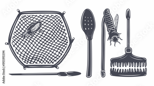 A monochrome sketch of entomological equipment, including a net and pinning tools