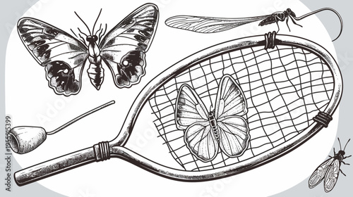 Etched drawing of butterflies and a fly caught in a net, contrasted on grey and white
