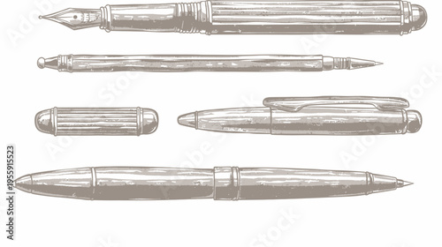 Engraved style illustration featuring various writing pens, ink and ballpoint