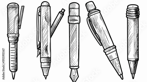 Hand-drawn, hatch-shaded image of assorted pens, ballpoint and fountain, in black and white