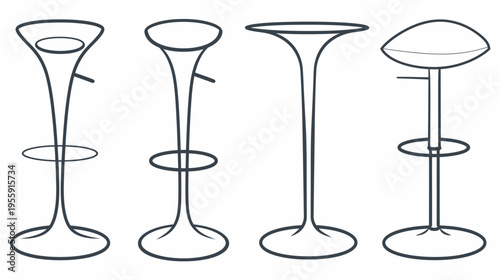 Four outline bar stools with varying designs, featuring minimalist, elegant design elements